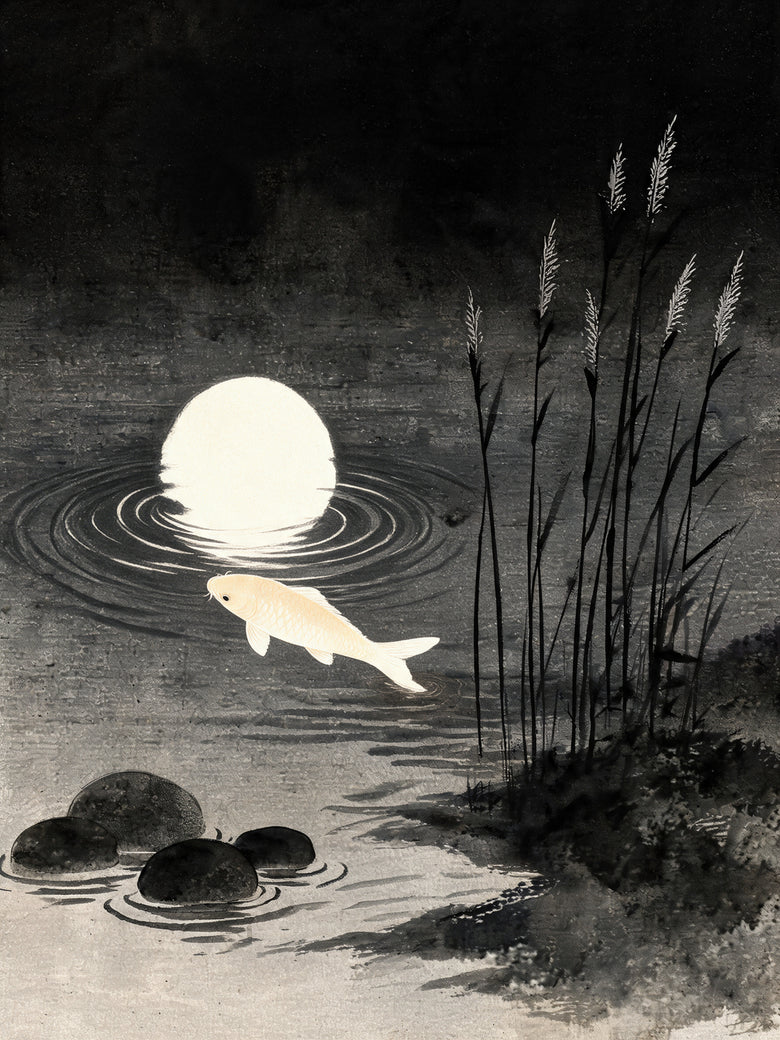 A pale koi under a full moon reflected off-centre on black water, reeds on the right shore. Moonrise Living Canvas.