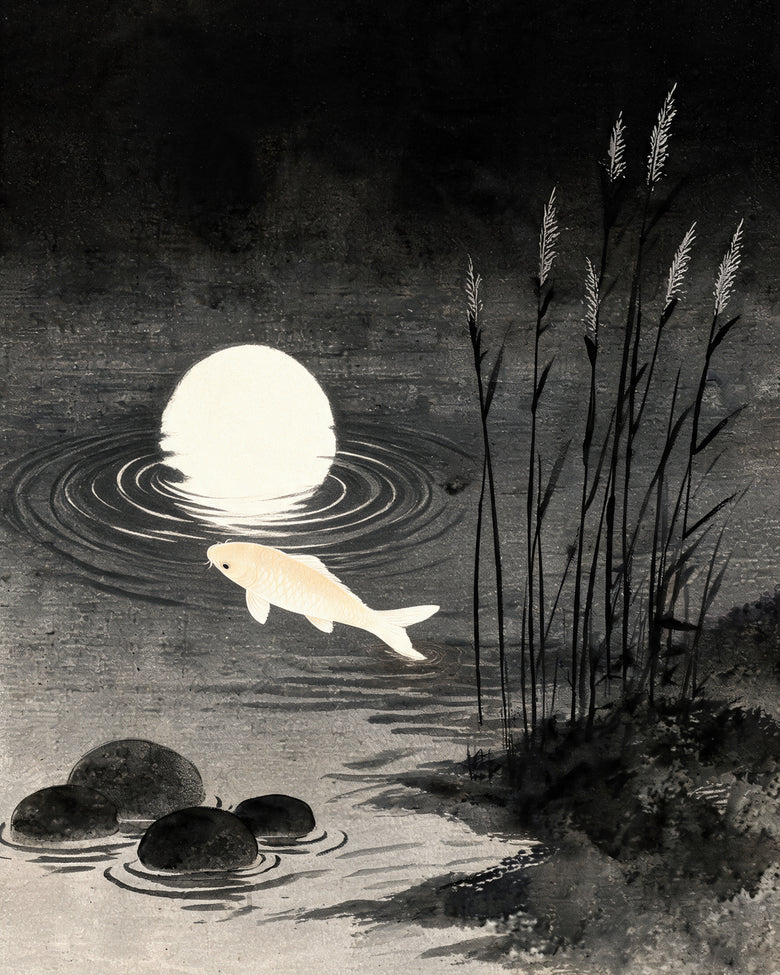 A pale koi under a full moon reflected off-centre on black water, reeds on the right shore. Moonrise Living Canvas.