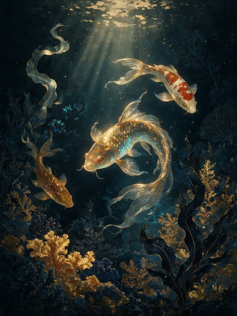 Neon Koi — three koi in a dark pond, gold koi turning toward you